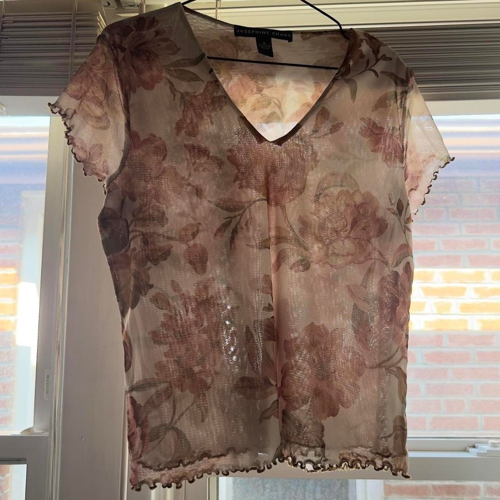 Fairycore Sheer Floral Mesh Top Lettuce Hem V Neck Womens M Josephine Chaus USA